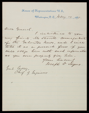 Joseph D. Sayers to Thomas Lincoln Casey, February 14, 1891