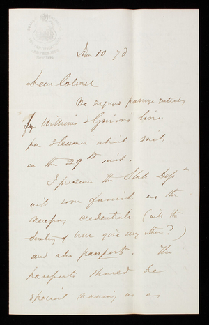 [John G.] Barnard to Thomas Lincoln Casey, June 10, 1870