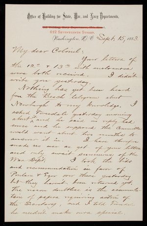 Bernard R. Green to Thomas Lincoln Casey, September 15, 1883