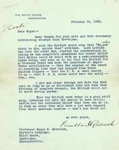 Letter from Franklin D. Roosevelt to Roger B. Merriman, 15 February 1939