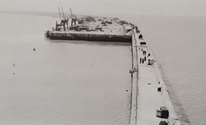 View from above of pedestrains strolling along a long concrete pier with ship-to-shore cranes in the distance