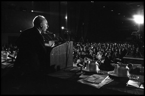 View from the back of the stage of Hans J. Morgenthau speaking at the National Teach-in on the Vietnam War