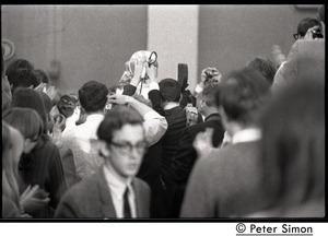 Camera crews photographing presidential candidate Eugene McCarthy before his speech at Boston University