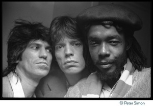 Keith Richards, Mick Jagger, and Peter Tosh (from left) posing before Tosh's performance on Saturday Night Live