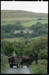 Margaret Heckler, United States Ambassador to Ireland, in a pony cart in the Wicklow Hills