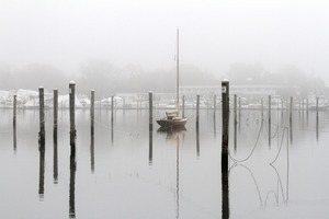 Fog lingers over Wickford Cove