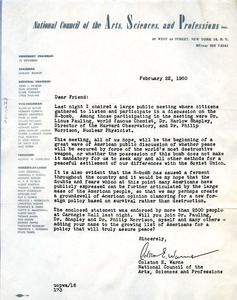 Circular letter from National Council of the Arts, Sciences, and Professions to W. E. B. Du Bois