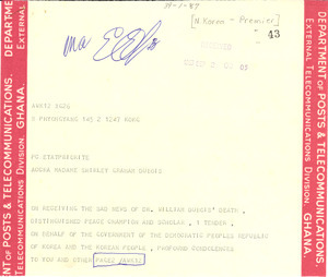 Telegram from Premier of North Korea to Mrs. W. E. B. Du Bois