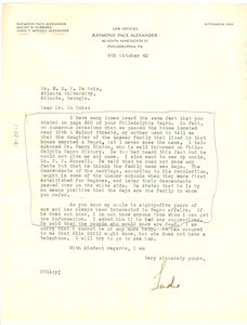 Letter from Sadie Alexander to W. E. B. Du Bois