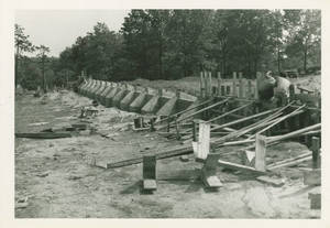 The construction of the foundation of the Memorial Field House at Springfield College, 1947