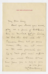Letter to Amos Alonzo Stagg from the New York Athletic Club not dated