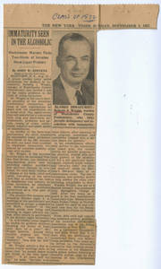 "Immaturity Seen in the Alcoholic" a newspaper article on Roberts J. Wright (Sept. 1, 1957)