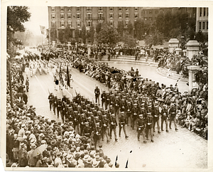 Marines and sailors passing the Massachusetts State House and governor's viewing stand in the Victory Parade