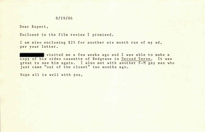 Correspondence from Lou Sullivan to Rupert Raj (August 19, 1986)