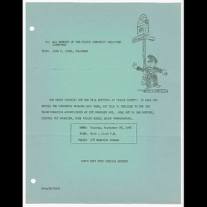 Memorandum from John F. Jones, Chairman to all members of the Police Community Relations Committee about meeting on September 28, 1965