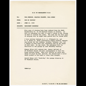 Memorandum from Bob McGilvray to Tom Jenkins, Malcolm Peabody and Bill Moors about equipment schedule