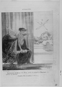 Clytemnestre poussée par mimi Véron, profite du sommeil du Charivari pour perforer cet infortuné. (Imitation libre du tableau de Guérin).