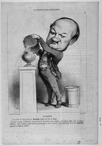 ALTAROCHE. Cet enfant de l'Auvergne est Altaroche député du Puy-de-Dôme. Une des croyances de Daumier, c'est que tous les Auvergnats, sans exception, sont porteurs d'eau, voilà sa réponse invariable; aussi Daumier, malgré toutes nos observations, s'est-il obstiné à nous représenter de la sorte Altaroche apportant sa voie au scrutin.