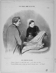 Une ATTENTION DÉLICATE. - Comment trouves-tu ce schall, chère amie?.. je l'ai choisi moi même... - Charmant, délicieux; mais je n'avais pas besoin de cela pour t'aimer... cher Edouard!..