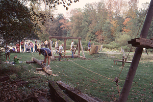 HMF Fall Fest 1998 1. Post-and-beam demonstration by Richard Babcock (center in white tee-shirt).