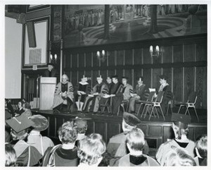 Gasson Hall interior: rededication with Thomas O'Malley, Frank Campanella, Mary Dineen, Charles Donovan, Robert Braunreuther, J. Donald Monan, and Donald White