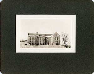 Saint Mary's Hall exterior: back view with snow, by Clifton Church