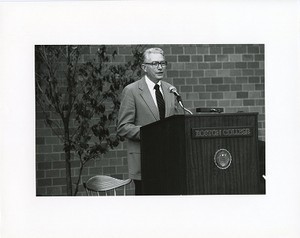Walsh Hall exterior: dedication, Donald J. White speaking
