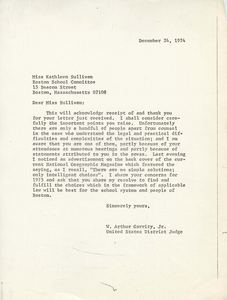 Letter from Judge W. Arthur Garrity to Boston School Committee member Kathleen Sullivan, 1974 December 24