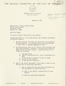 Letters from Kathleen Sullivan, Boston School Committee member, to Marion Fahey, Leo Burke, Anthony Galeota, John Doherty, and Edward Winter concerning the Boston Public Schools, 1976 January