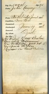 Tewksbury Almshouse Intake Record: Carney, John