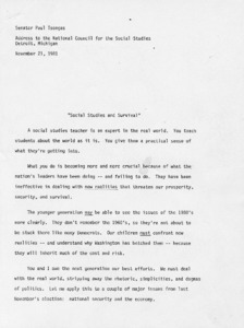 Senator Paul Tsongas' address to the National Council for the Social Studies, Detroit, Michigan