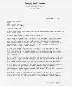 Draft of letter to supporters (Thomas H. Sample) from Senator Paul Tsongas seeking support and campaign donations