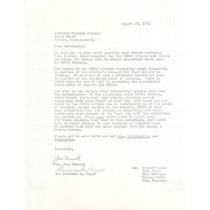 Letter, Gov. Michael Dukakis, August 27, 1975.