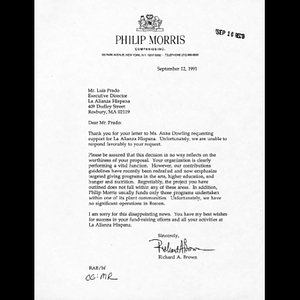 Letter to Luis Prado from Richard A. Brown.