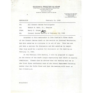 Memo, consent decree meeting of February 12, 1982.