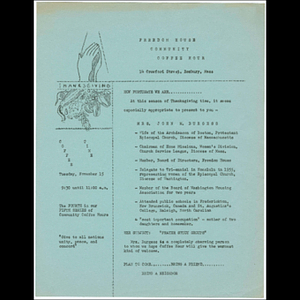 Flier advertising Freedom House Coffee Hour featuring Mrs. John M. Burgess speaking on prayer study groups