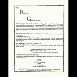 Flier advertising the Roxbury Goldenaires program