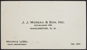 Business card for Maurice Lebel, J.J. Moreau & Son, Inc., hardware store, Manchester, New Hampshire, undated