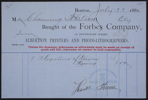 Billhead for the Forbes Company, Albertype Printers and Photo-Lithographers, 181 Devonshire Street, Boston, Mass., dated July 31, 1882