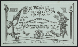 Trade card for G.S. Woolman, mathematical optical & philosophical instruments, 116 Fulton Street, New York, New York, undated