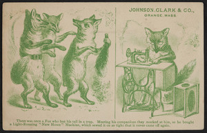 Trade card for Johnson, Clark & Co., New Home Sewing Machines, Orange, Mass., undated