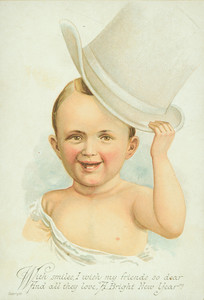 New Year's card, showing a baby in a top hat, undated