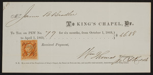Receipt for pew tax, King's Chapel, Boston, Mass., 1868-1869