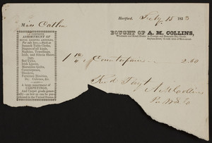 Billhead for A.M. Collins, foreign and domestic dry goods, Asylum Street, Hartford, Connecticut, dated July 15, 1833