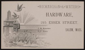Trade card for Richardson & Waters, hardware, 215 Essex Street, Salem, Mass., undated