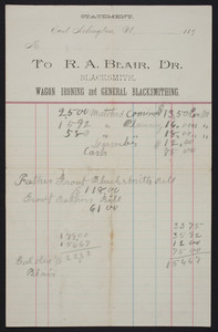 Billhead for R.A. Blair, Dr., blacksmith, East Arlington, Vermont, 1890s
