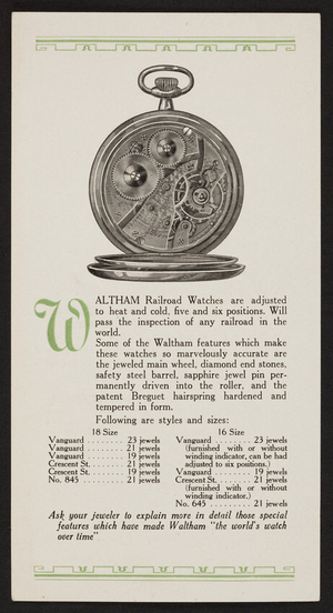 Waltham Railroad Watches, A. H. Pond Co. Inc., 214 S. Warren Street, Syracuse, New York, undated