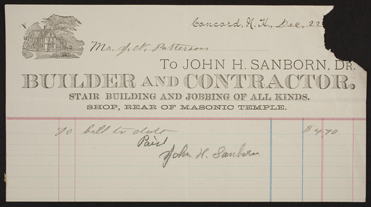 Billhead for John H. Sanborn, Dr., builder and contractor, rear of Masonic Temple, Concord, New Hampshire, dated December 22, 1898