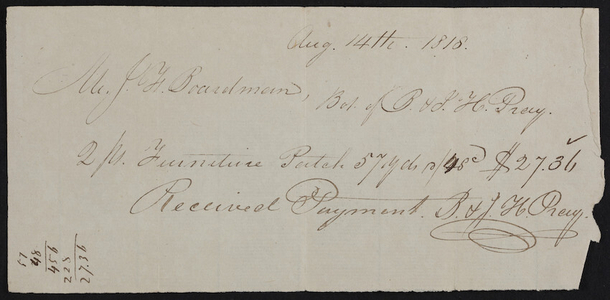 Billhead, B. & J.H. Precy, furniture textiles, location unknown, dated August 14, 1818