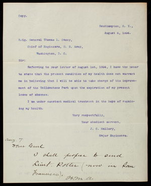J. C. Mallory to Thomas Lincoln Casey, August 4, 1894, copy